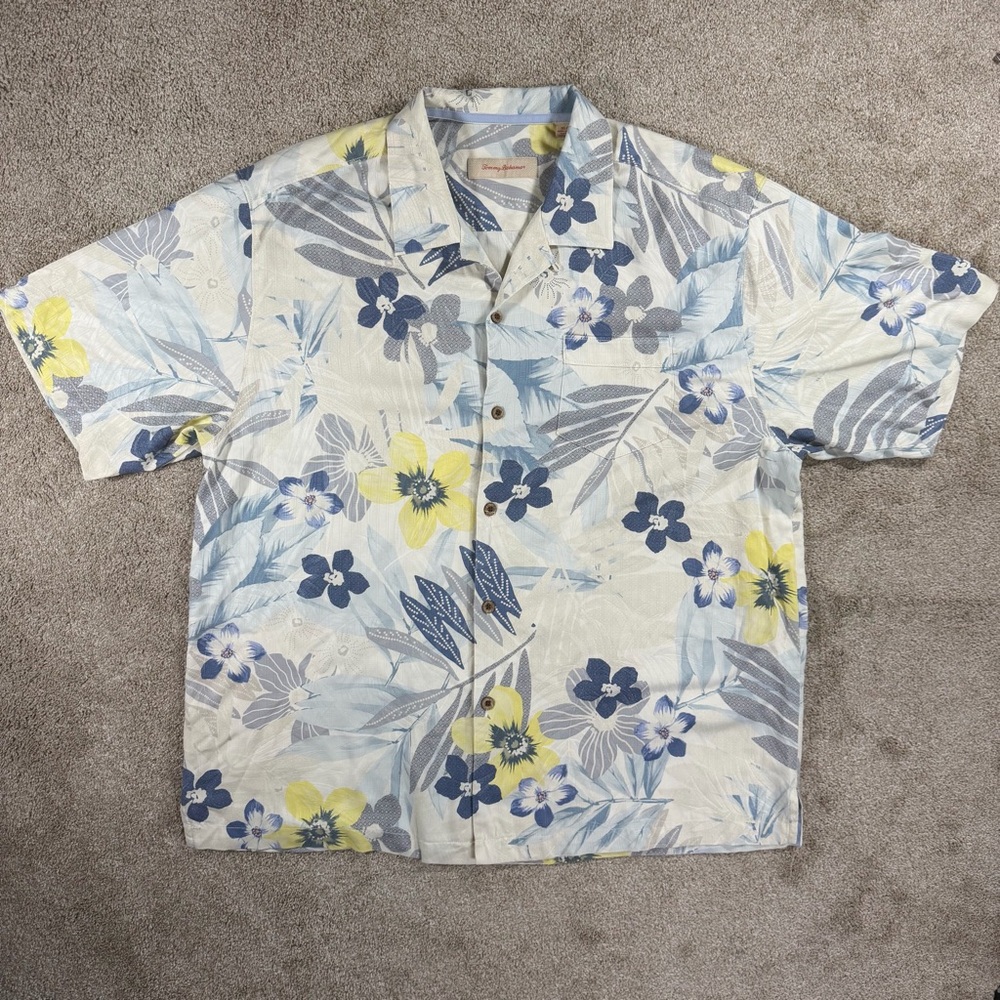 Tommy Bahama 100% Silk Short Sleeve Hawaiian Shirt Blue/Yellow Flower Men’s XL